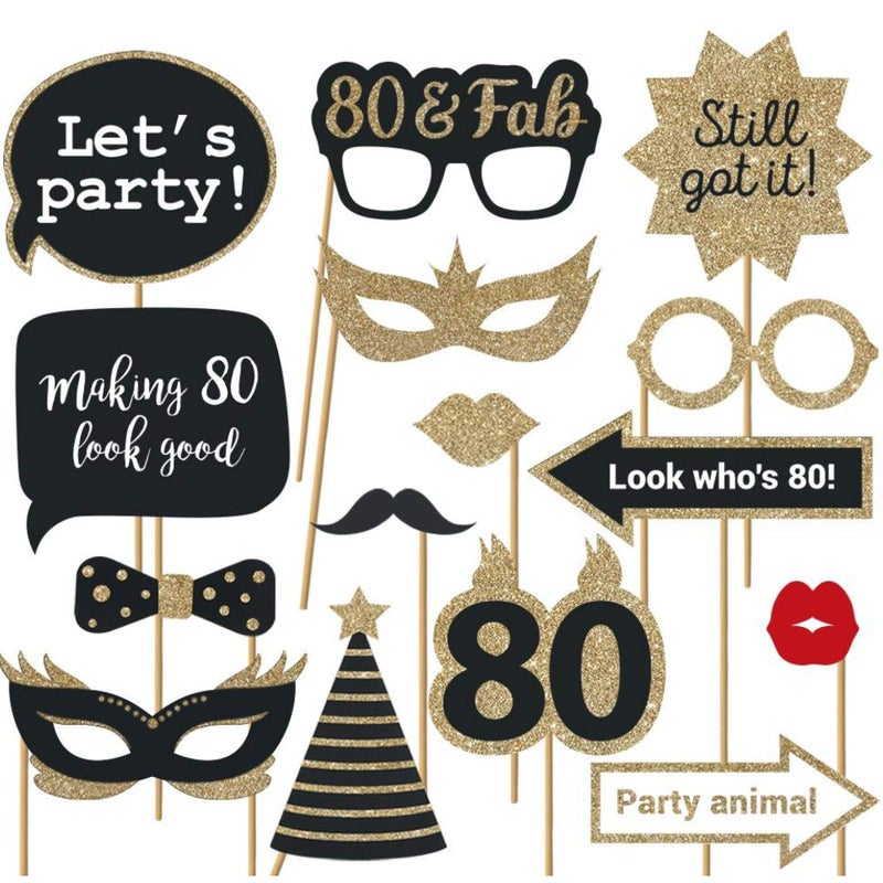 Perfect Occasion Fully Assembled 80th Birthday Photo Booth Props - Set of 30 - Black & Gold Selfie Signs - 80th Party Supplies & Decorations - Cute Bday Designs with Real Glitter - Did We Mention No DIY - Image 1